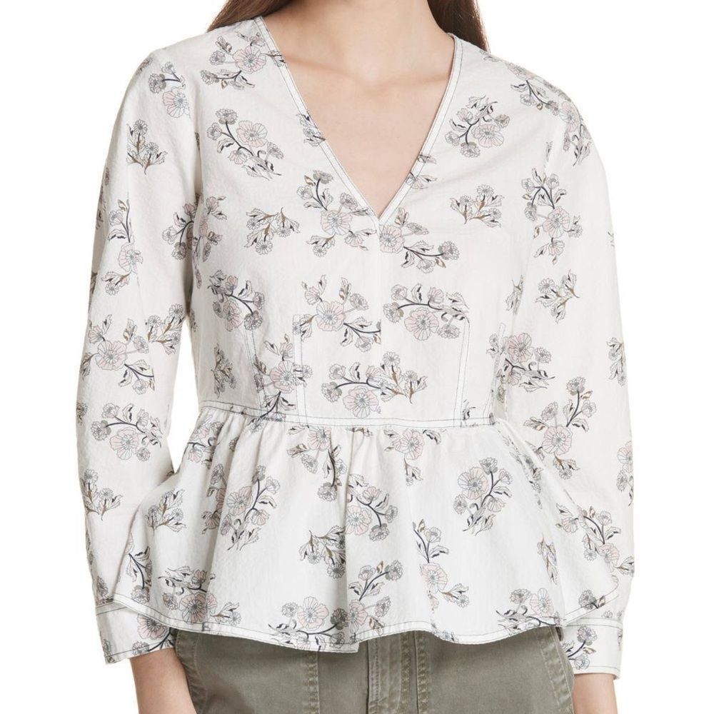 La Vie Rebecca Taylor Camille White Floral Print V-Neck Peplum Top Size S